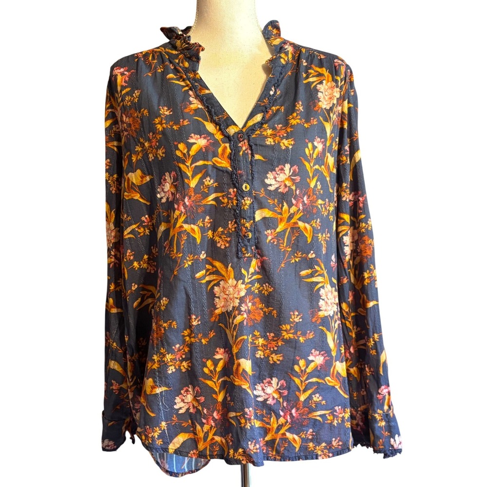 Sundance Floral Cotton Ruffle Tunic Blue Orange XL Boho Cottagecore Botanical
